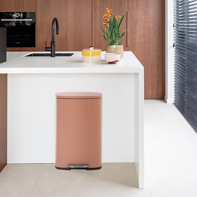 FDW | 13 Gallon Trash Can with Lid | Pink | Fingerprint-Proof | Made of Brushed Stainless Steel | Soft-Close Step Pedal | Hands-Free Use | Easy to Clean | for Kitchen, Office, Bathroom