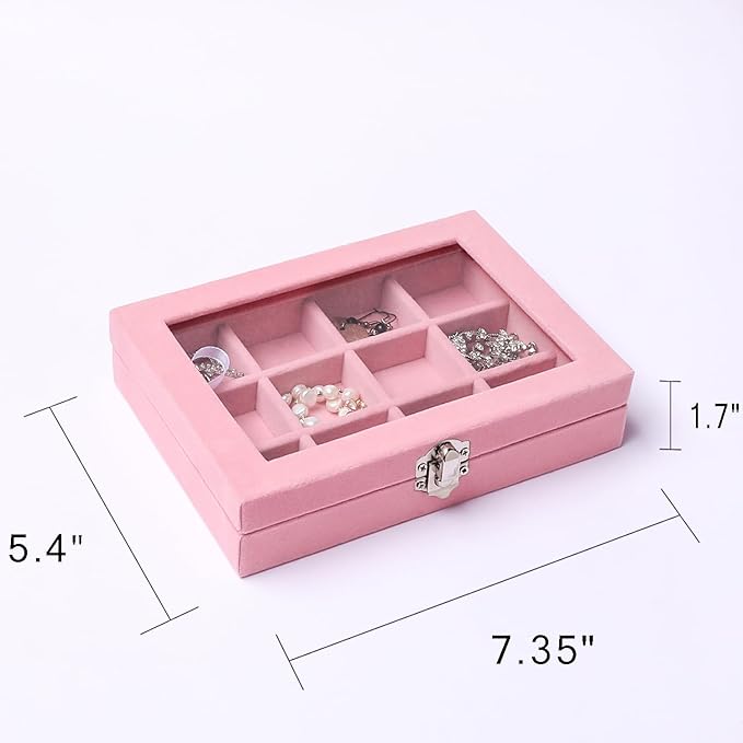 Frebeauty Jewelry Organizer Tray with Clear Lid,12 Grid Velvet Drawer Insert Jewelry Storage Box with Transparent lid Jewelry Display Case Store Showcase Jewelry Box Gift for Women(Pink,12 Grid)