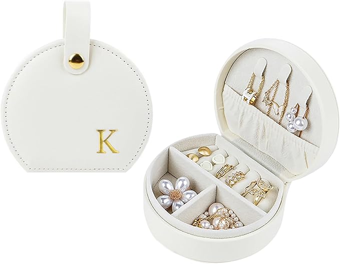 Travel Jewelry Case,Personalized Jewelry Box,Elegant Half-Moon Design with Personalized Golden Initial Case,Personalized Gifts for Women,Jewelry organizer;Personalized Gifts for Women or Friends(K)