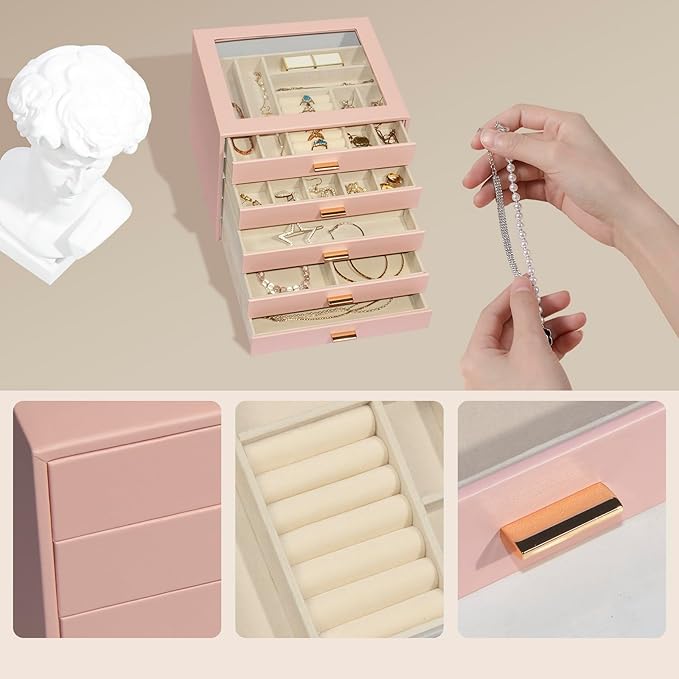 Jewelry Box with Glass Lid, 5-Layer Jewelry Organizer for Women Girls, PU Leather Display Case with 20-Grid Earring Tray & Movable Dividers for Necklaces Rings,Pink