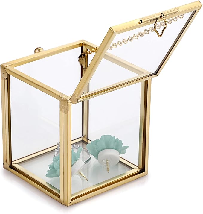 Hipiwe 2 Packs Vintage Glass Jewelry Organizer Box - Small Golden Metal Keepsake Box Desktop Jewelry Organizer Holder, Wedding Birthday Gift, Square Vanity Decorative Box for Dresser Bathroom