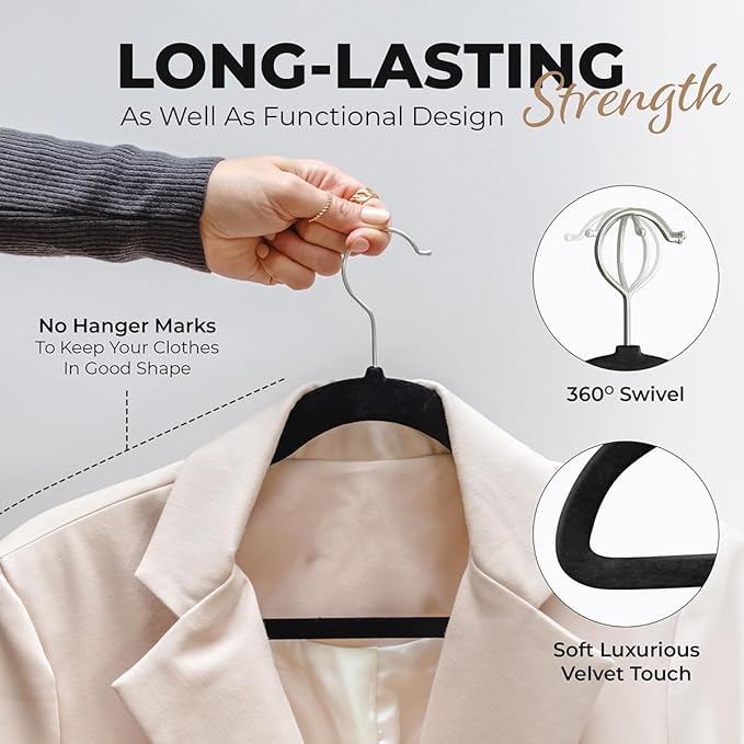 Our Modern Space 30 Pack Velvet Hanger for Shirt Pants Dresses Skirts Suits Jackets - Slim Space Saving Design - Standard Coat Hanger - Sturdy & Durable Design with Shoulder Grooves Hook
