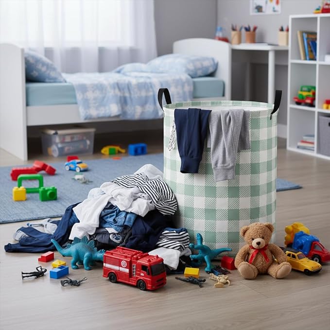 Baby Laundry Hamper kids laundry Basket Waterproof Laundry Bag for Bedroom Toy Clothes Organizer Room Décor(Green Checkered)