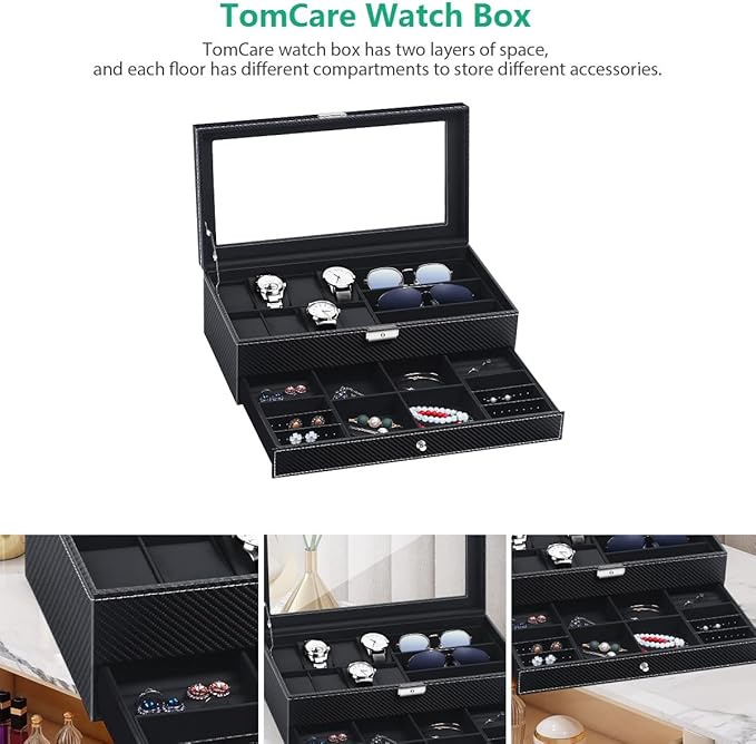 TomCare Watch Box Watch Case Watch Holder Organizer Jewelry Case Drawer Sunglasses Display Box Storage Earrings Storage Organizer Lockable with Glass Top and PU Leather for Men Women (All Black)