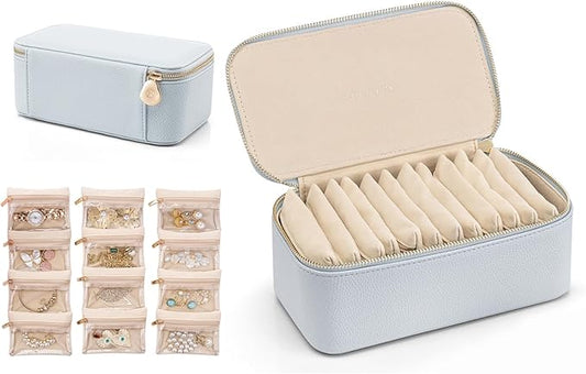 VLANDO Travel Jewelry Box Organizer – Portable PU Leather Jewelry Case with 6/8/12 Zippered Pouches, Compact Storage for Earrings Rings Necklaces Bracelets, Baby Blue