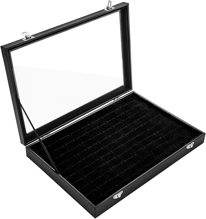 Elsjoy 2 Pack 100 Slots Ring Display Case with Transparent Glass Lid, Black Velvet Ring Organizer Box Large Ring Storage Tray, Vintage Jewelry Holder for Home, Selling