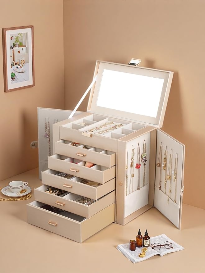 BOOVO Jewelry Box For women, 6 Layer Large Jewelry Organizer With Mirror, Multi-Function Storage Box With Lock, Necklace Holder With 5 Drawers, For Earrings Necklace Bracelet (Champagne Gold)