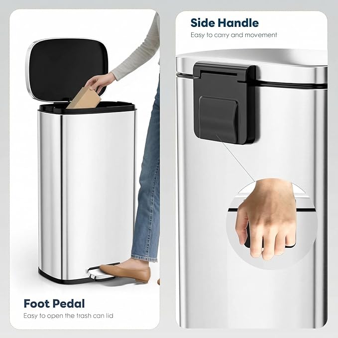 13.2 Gal Kitchen Trash Can, 50L Recycling or Garbage Bin, Brushed Stainless Steel Waste Basket, Soft&Quiet Close Dustbin, with Step-On Pedal, Removable Inner Bucket, for Home, Office, Living Room