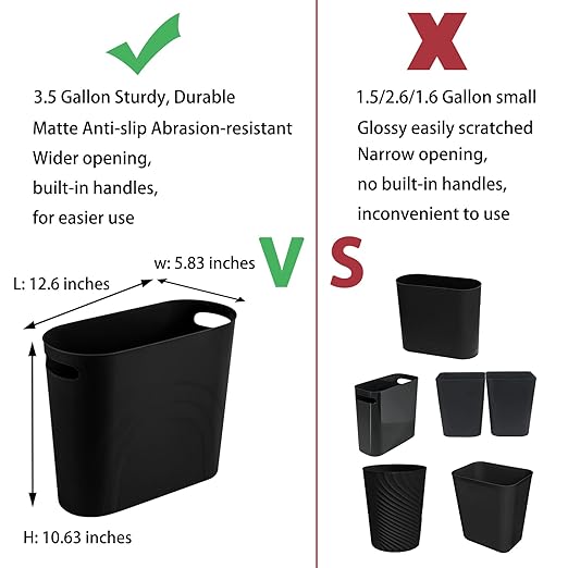 rejomiik Small Trash Can, Slim Garbage Can Plastic Waste Basket with Handles 3.5 Gallon Container Bin for Narrow Spaces Bathroom, Bedroom, Kitchen, Office at Home, 2 Pack Black