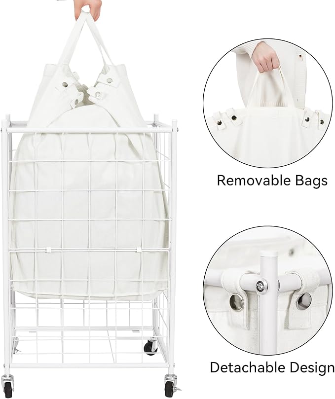 WOWLIVE Laundry Hamper with Wheels,Metal Wire Frame Rolling Laundry Basket with Removable bag,100L Dirty Clothes Hamper Organizer Dorm Room Storage for Bedroom,Bathroom,White