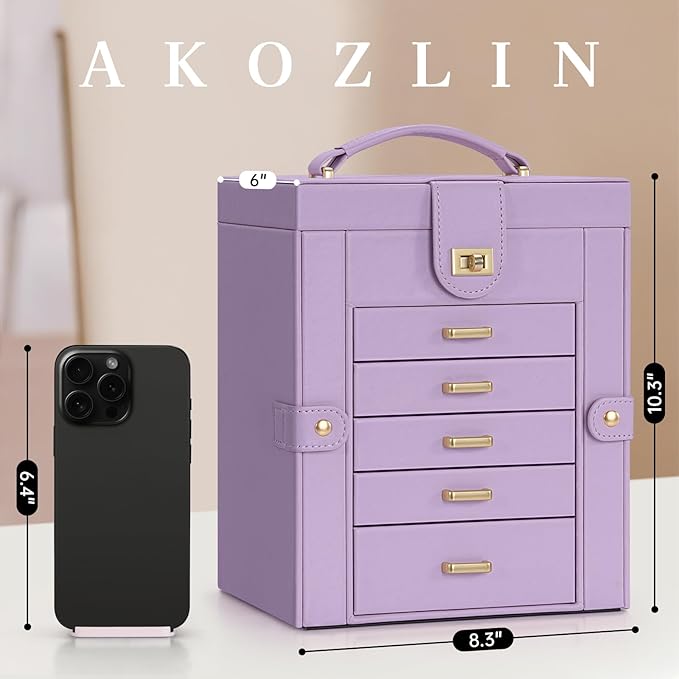 AKOZLIN Jewelry Box Organizer Functional Leather Jewelry Storage Case for Women Girls Ring Necklace Earring Bracelet Holder Organizer with Mirror Purple