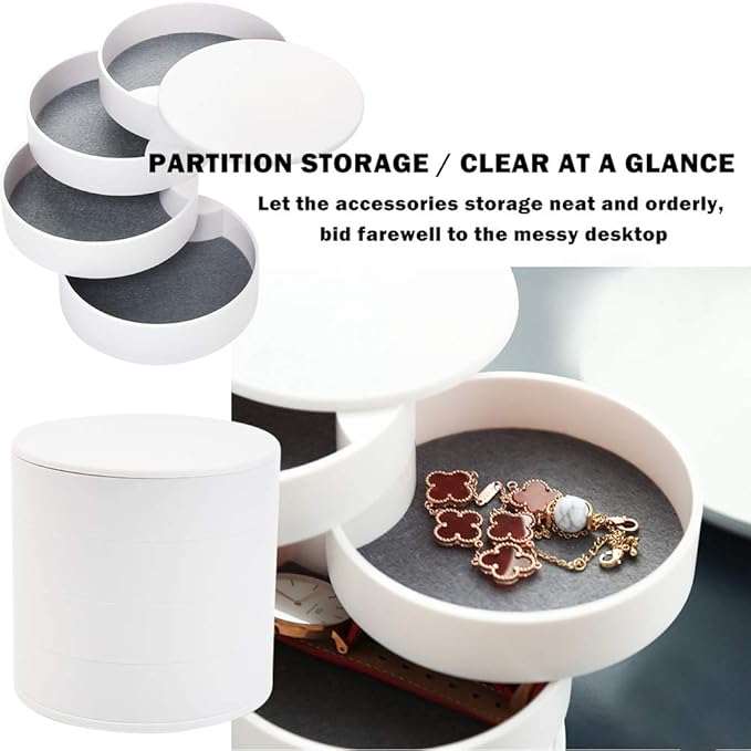 TIMESETL Jewelry Organizer, Small Jewelry Storage Box Earring Holder for Women, 4-Layer Rotating Travel Jewelry Tray Case with Lid for Bracelets Rings Bracelets - White