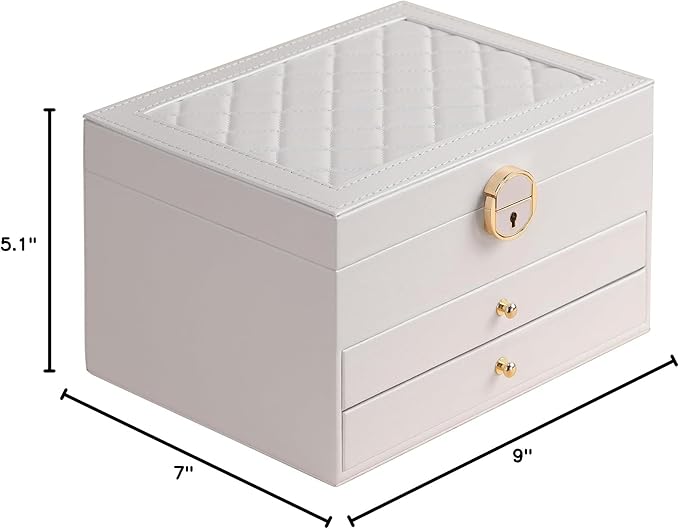 GUOER Jewelry Box for Women Girl Wife 3 Layers Large PU Leather Jewelry Organizer Storage Case with Two drawers Display for Earrings Bracelets Rings Watches Mother's Day (White)