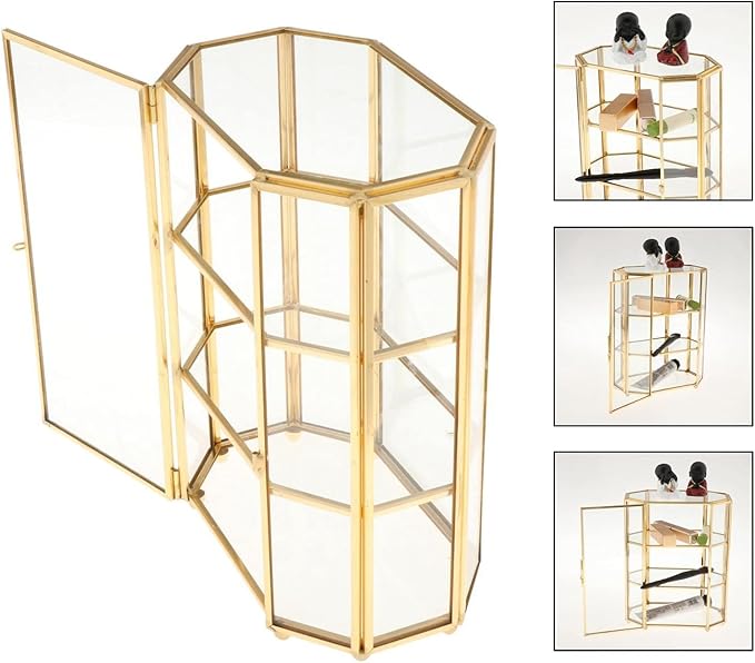 3-Tier Glass and Gold Jewelry Box, Makeup Organizer, Glass Display Case