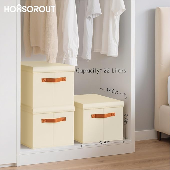 Homsorout Storage Bins with Lids - Fabric Storage Baskets for Shelves, 6 Pack Foldable Decorative Boxes with Handles, Stackable Organizer Bins for Home, Nursery, Dorm, Beige