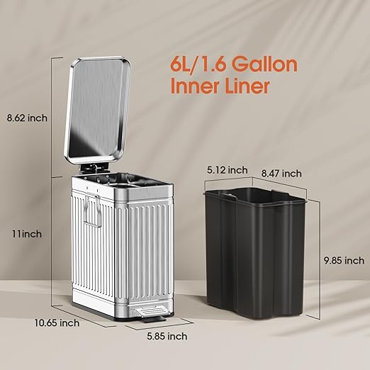 Small Bathroom Trash Can with Lid Soft Close, 6L / 1.6 Gallon Stainless Steel Garbage Can with Step Pedal & Odor Control, Slim Trash Bin for Toilet, Office, Bedroom - Sliver
