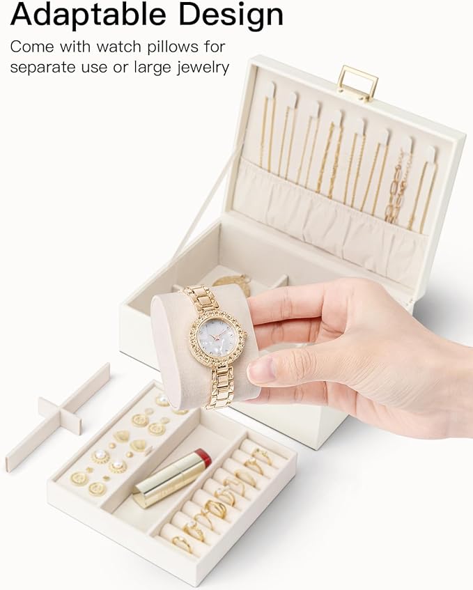 Vlando Jewelry Organizer,2 Layer Jewelry Box Large Jewelry Organizer for Women Removable Jewelery Tray with Watch Pillow for Necklace Earrings Rings Bracelets(Cream White)