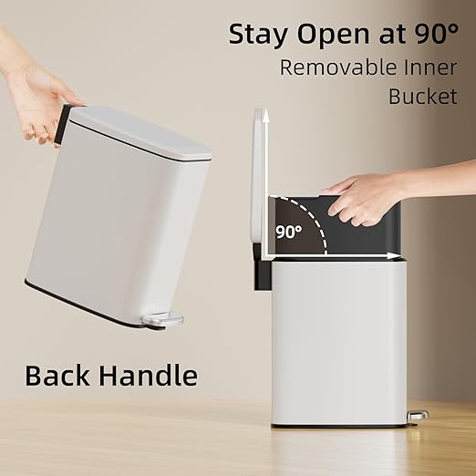 KSSKSS Small Bathroom Trash Can with Lid Soft Close, Step Pedal, 6L / 1.6 Gal Stainless Steel Garbage Bin with Removable Inner Bucket, Slim Wastebasket for Narrow Spaces (White)