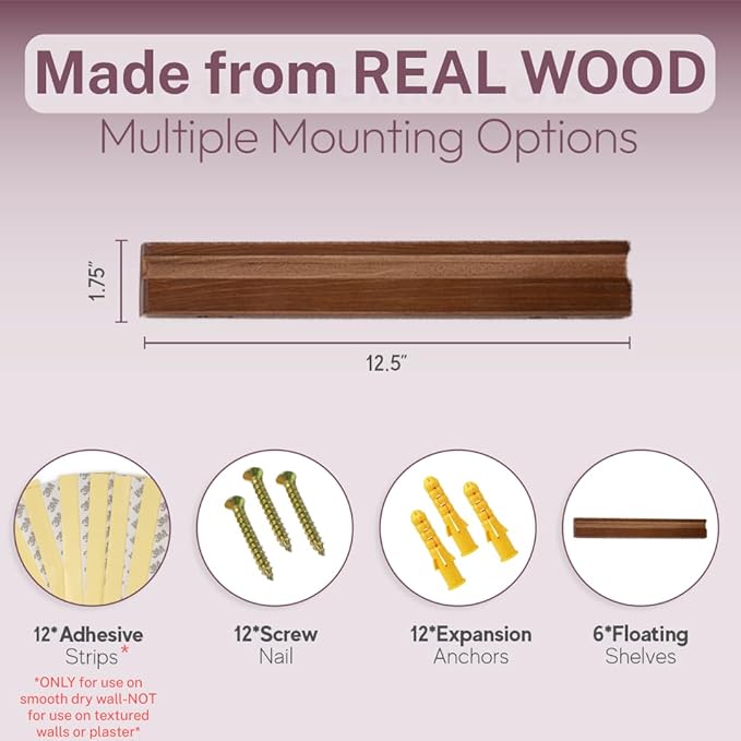 Vinyl Wall Mount Pack of 6 Pinewood Vinyl Record Holder Wall Mount with 2 Mounting Options Vinyl Shelf Walnut Stain Finish Vinyl Record Display - Vinyl Record Shelf - Vinyl Record Wall Mount