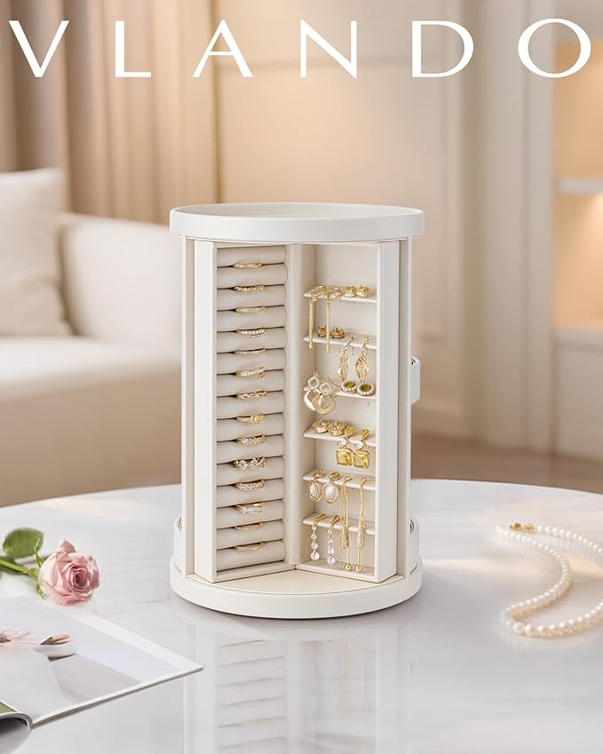VLANDO 360°Rotating Jewelry Box,Earring Organizer Large Vertical Jewelry Organizer with 6 Necklace Hooks, Open Ring Display Storage for Women - Cream White