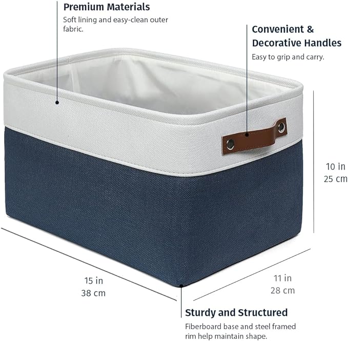 OrganiHaus Large Fabric Storage Baskets for Shelves 3 Pack, 15x11in Closet Storage Bins, Canvas Storage Bin for Organizing, Cloth Baskets, Linen Closet Organizers, Navy Blue/Off-White