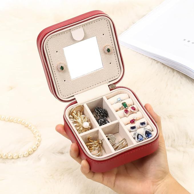 TRODANCE Jewelry Case with Mirror, Small Travel Jewelry Organizer, Portable Jewelry Box Mini Organizer Display Storage Box For Rings Earrings Necklaces (4Color - 4packs)