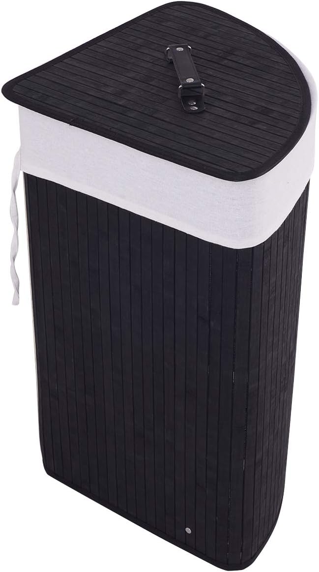 GOFLAME Corner Bamboo Laundry Hamper with Lid and Removable Liner, Washing Clothes Basket Storage Bin with Handle, Suitable for Bedroom, Bathroom, Laundry (Black)