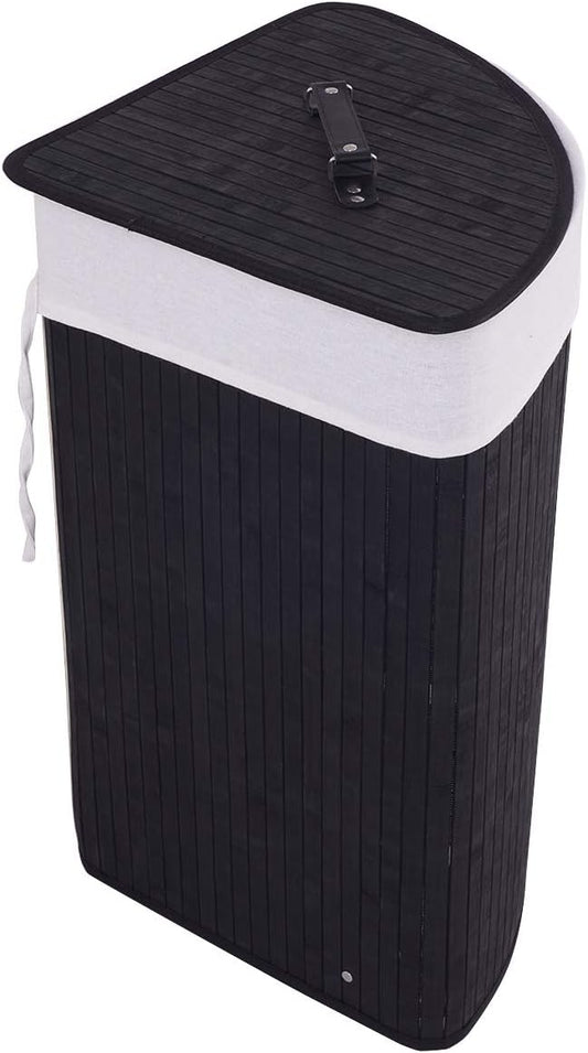 GOFLAME Corner Bamboo Laundry Hamper with Lid and Removable Liner, Washing Clothes Basket Storage Bin with Handle, Suitable for Bedroom, Bathroom, Laundry (Black)