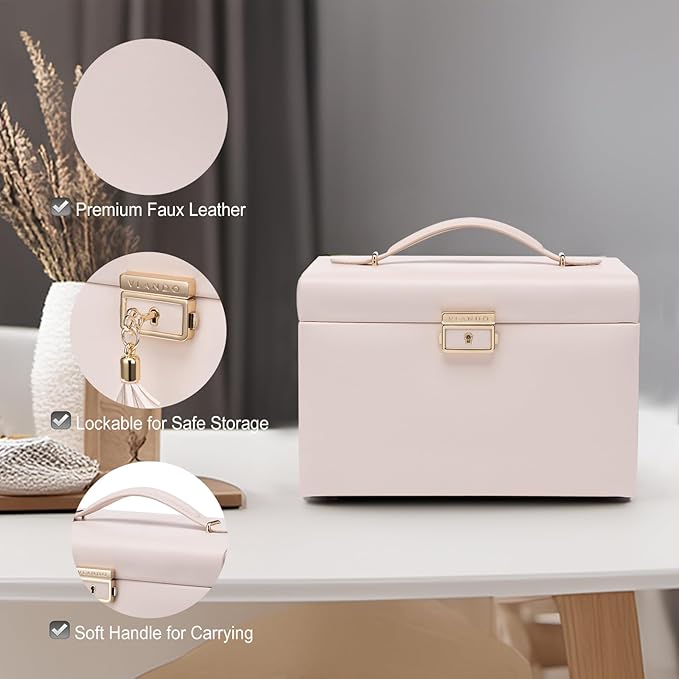 Vlando Lockable Jewelry Box Organizer with Key, 3-Tiered Storage Tray for Necklaces Earrings Rings Bracket Accessories Storage Display, Full HD-Mirror, Pink Beige