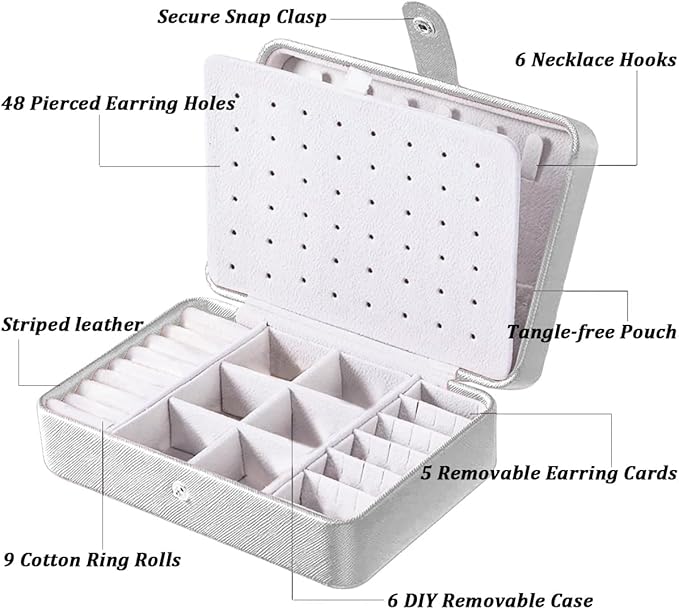 QBestry All-in-One Travel Jewelry Organizer for Women Silver | Small Jewelry Box with 68 Earring Holes | Compact Portable Jewelry Case for Earrings, Rings, Necklaces | Perfect Gifts for Mom Wife Girls