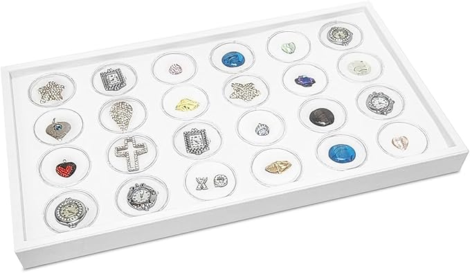 Ikee Design 24 Gem Showcase Stackable Jewelry Display Tray for Collectibles, Rock Storage Box Gemstones Bead Storage Jars, White Foam, White Tray, 14 7/8W x 8 3/8D x 1H in