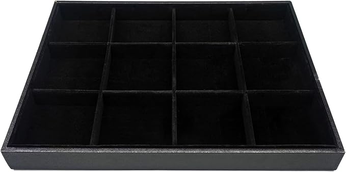 Large Velvet Jewelry Tray, Drawer Organizer for Jewelry in Dresser, Stackable Jewelry Drawer Organizer Inserts for Earring Necklace Bracelet Rings(Black,12grid)