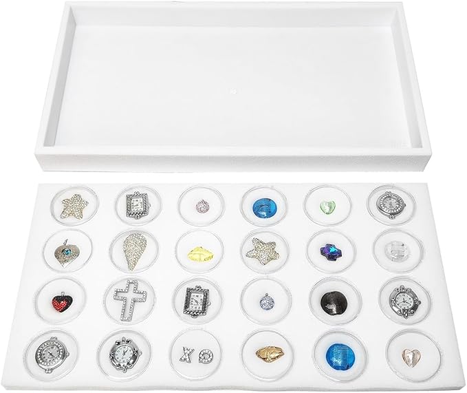 Ikee Design 24 Gem Showcase Stackable Jewelry Display Tray for Collectibles, Rock Storage Box Gemstones Bead Storage Jars, White Foam, White Tray, 14 7/8W x 8 3/8D x 1H in