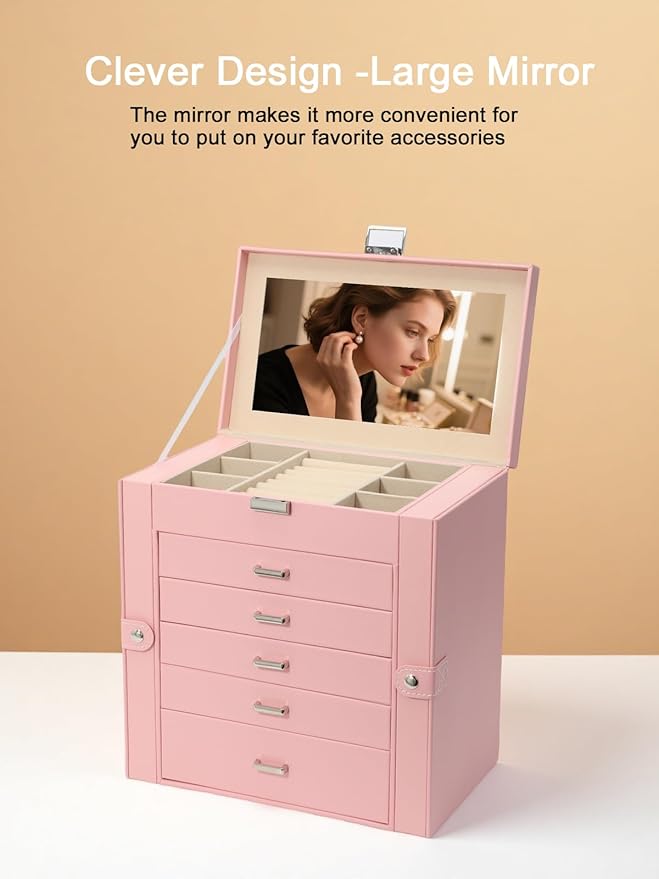 BOOVO Jewelry Box For women, 6 Layer Large Jewelry Organizer With Mirror, Multi-Function Storage Box With Lock, Necklace Holder With 5 Drawers, For Earrings Necklace Bracelet (Silver and Pink)