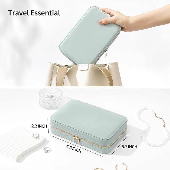 Genuine Leather Travel Jewelry Organizer Case Box with Mirror for Women, Small Mini Portable Jewelry Box for Ring Earrings Necklace Bracelet Luxury Gift for Women（White）