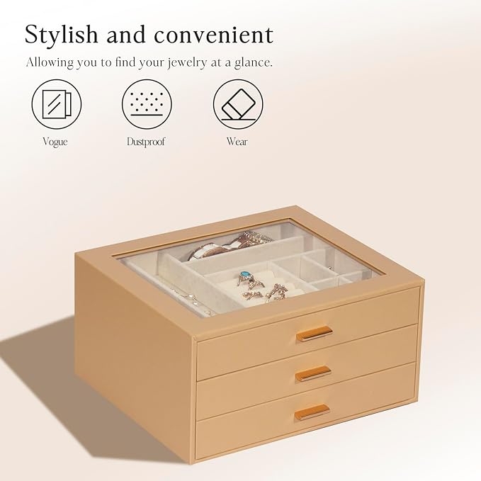 Jewelry Box with Glass Lid, 3-Layer Jewelry Organizer for Women Girls, PU Leather Display Case with 20-Grid Earring Tray & Movable Dividers for Necklaces Rings,Camel
