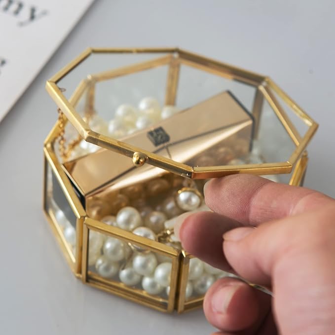 Glass Vintage Jewelry Box, Golden Geometric Jewelry Display Organizer Box Vanity Lidded Box Home Decor Accent Decorative Box for Storage Trinket Rings Bracelet