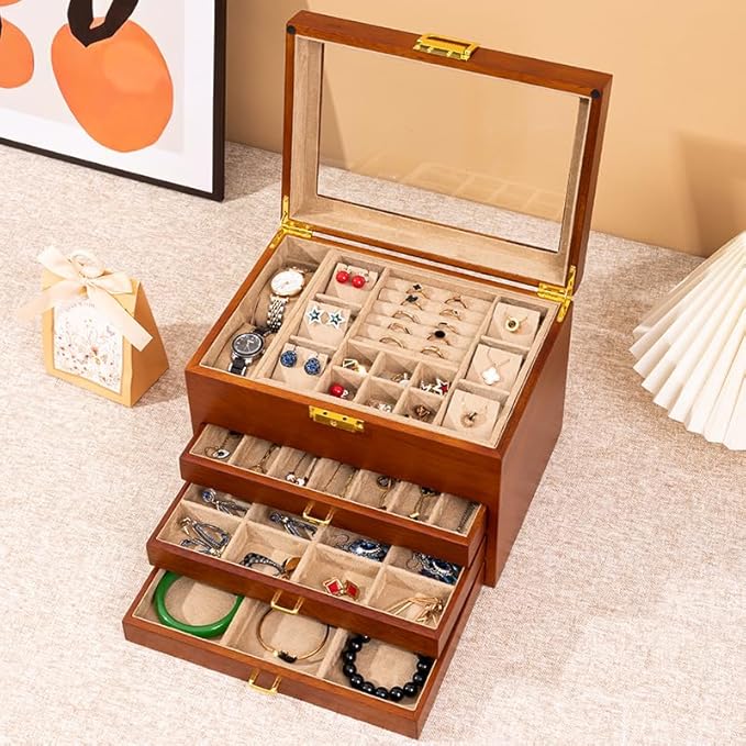 Walnut Wood Jewelry Box, 4-Tier Soild Wood Jewelry Box with 3 Drawers Large Storage Lockable Jewelry Organizer with Glass Lid Christmas Gifts for Necklaces Rings Earring Watches Bracelets