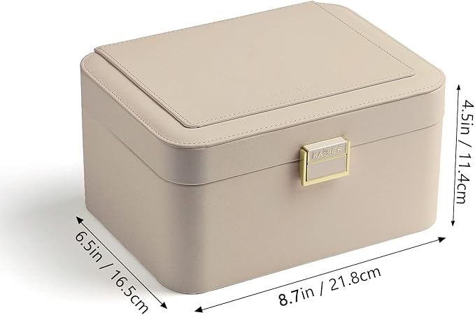 KAMIER Jewelry Organizer,2 Layer Jewelry Organizer Box for Earrings Bracelets Rings Necklaces,Luxury Leather & Soft Velvet Lined,Gift Box Packaging,Beige