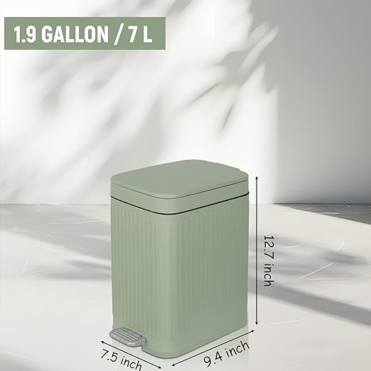 rejomiik Small Bathroom Trash Can with Lid Slim Soft Close Garbage Can Step Wastebasket Container Trash Bin for Office Bedroom Kitchen Living Room (1.9 Gallon Light Green)