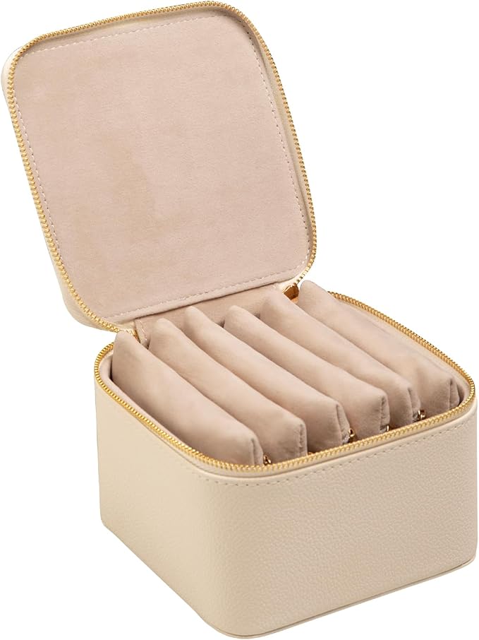 Frebeauty Small Travel Jewelry Box with 6 Pouch Bags, Portable Mini Jewelry Storage, 3.35 x 4.9 x 4.8 Inches, Gift Idea for Women Girls (Beige)
