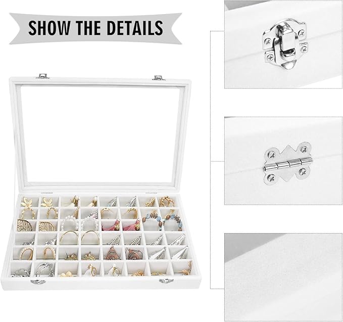 Siveit Velvet Jewelry Tray 48 Grid Jewelry Display Tray Organizer Box with Transparent Lid Rings Earrings Necklaces Pendants Display Box Suitable for Women and Girls (Ivory)