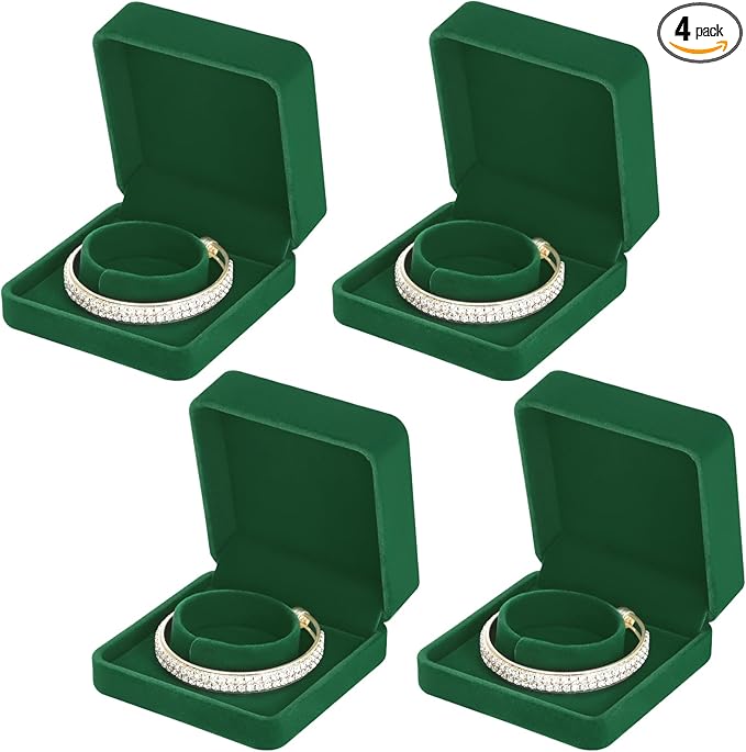 LETURE 4 Pieces Classic Velvet Bracelet Bangle Pendant Necklace Gift Box, Travel Jewelry Box Display Storage Case for Gift, Wedding, Engagement, Proposal, Birthday (4PCS Bracelet-GREEN)