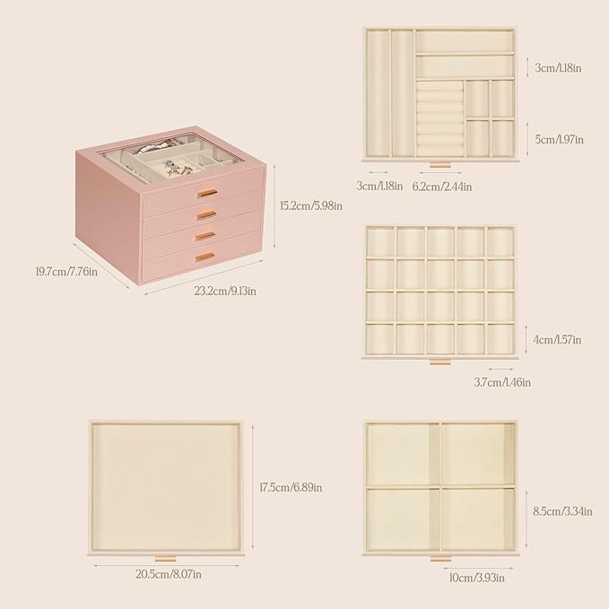 Jewelry Box with Glass Lid, 4-Layer Jewelry Organizer for Women Girls, PU Leather Display Case with 20-Grid Earring Tray & Movable Dividers for Necklaces Rings,Pink