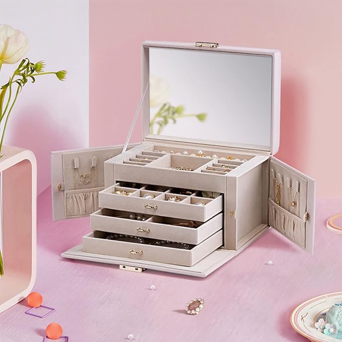 Vlando Lockable Jewelry Box Organizer with Key, 3-Tiered Storage Tray for Necklaces Earrings Rings Bracket Accessories Storage Display, Full HD-Mirror, Pink Beige