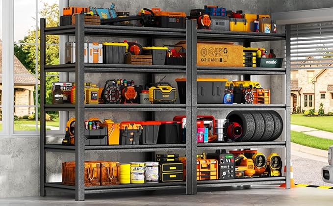 Garage Shelves,45''W Heavy-Duty Storage Shelves, Double-Layer Uprights, Thickened Shelves, Waterproof &Rustproof, Suitable for Indoor & Outdoor Use. (BLACK, 5TIER 45''W*16''D*72''H, 5-TIER)