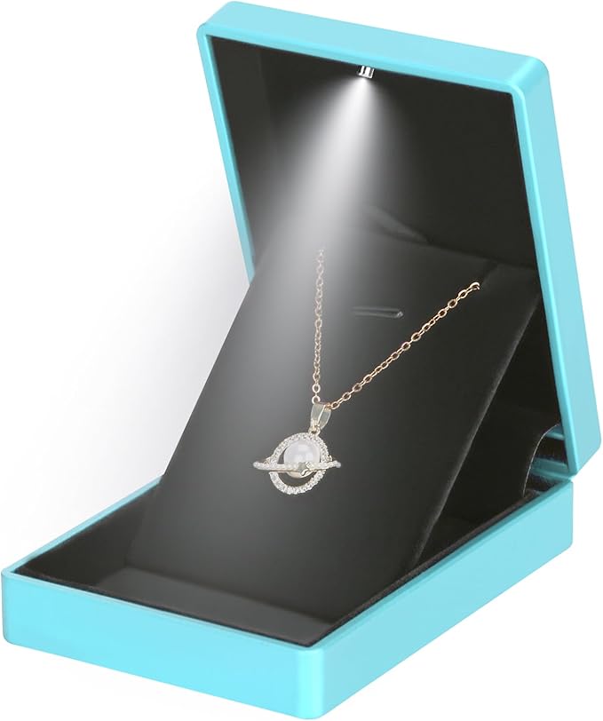 LED Light Pendant Necklace Gift Box, Velvet Jewelry Storage Display Case for Proposal Engagement Wedding Anniversary Birthday Valentine's Day (Blue Style 2)