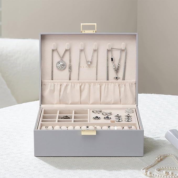 VLANDO 2 Layer Jewelry Box Large Jewelry Organizer for Women Removable Jewelery Tray for Necklace Earrings Rings Bracelets Jewelry Boxes Christmas Birthday Gifts for Women(Grey)