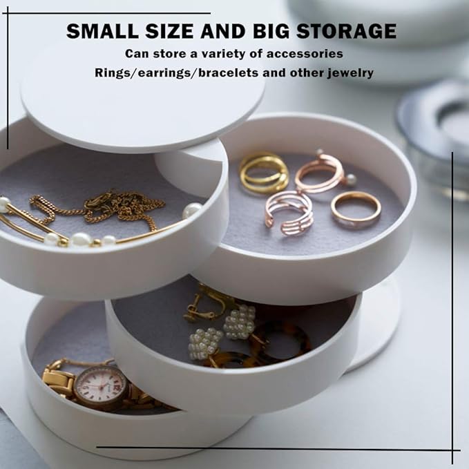 TIMESETL Jewelry Organizer, Small Jewelry Storage Box Earring Holder for Women, 4-Layer Rotating Travel Jewelry Tray Case with Lid for Bracelets Rings Bracelets - White