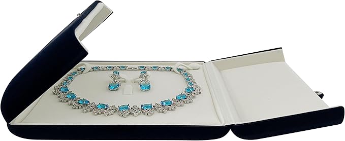 Navy Blue Velvet Jewelry Box for Large Necklace and Earrings Set Luxury Presentation Case for Pearl Strand Necklaces, Statement Jewelry, Button Clip Closure, Arc, Cream Velvet Interior, Gift Box